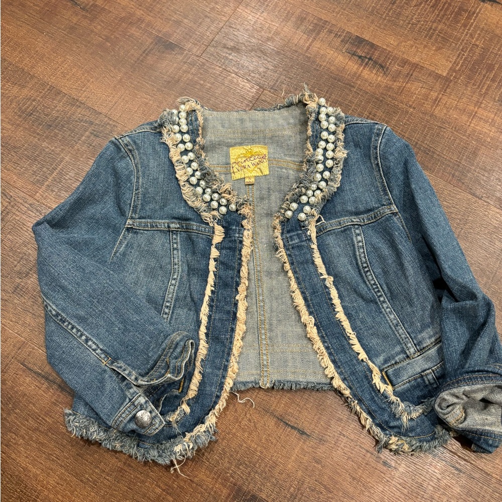 Vera Wang Medium Blue Cropped Denim Jacket with Beaded Trim